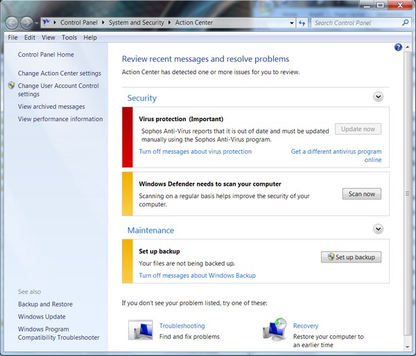 The Action Center console in Windows 7 reports that the antivirus