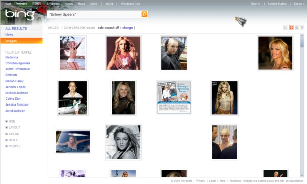 Client-side filtering helps parents white-out unwanted photos, as in this case with a photo search of Britney Spears.