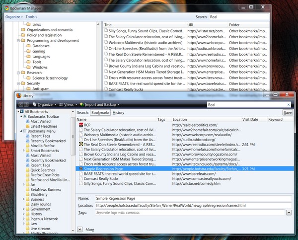 Firefox 3.5's and Chrome 3's Bookmarks Manager windows.