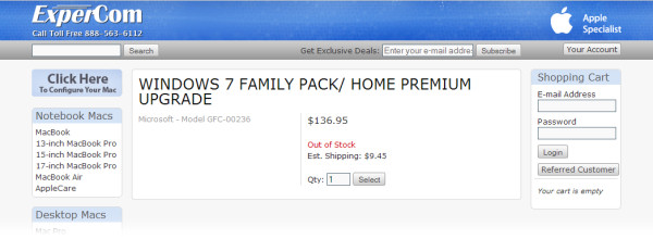 A listing on retailer Expercom's Web site clearly showing a 'Windows 7 Family Pack'