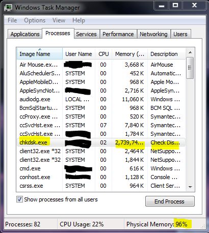 A portion of tester Jordan M. Jacob's screen at the time of an ongoing Windows 7 crash, showing a possible memory leak.