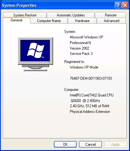 Proof that Windows XP Mode (N) virtualizes the XP N version from 2005.