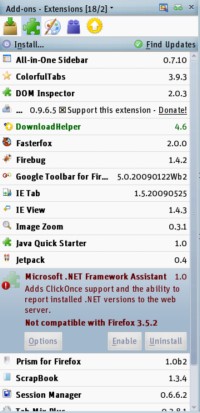 Here you see the .NET Framework Assistant add-on having been disabled after the latest Firefox update, but life goes on without much of a hitch.