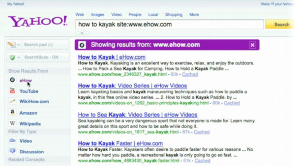 An example of Yahoo's forthcoming search enhancements, adding ways to narrow results to selected category providers.