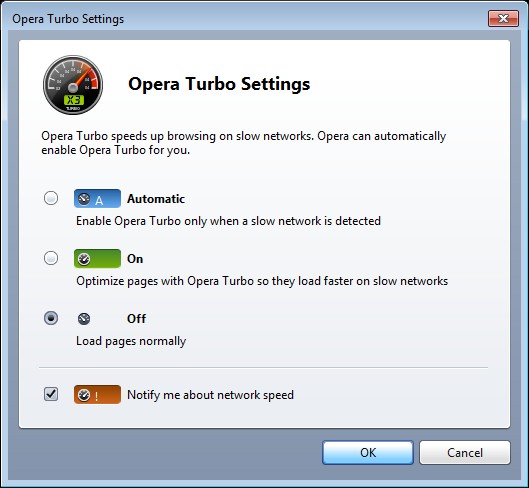 The Turbo Mode selection panel in Opera 10 RC.