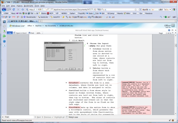 Word Web App Technical Preview renders a complex document on-screen, but doesn't let you edit (or print) it yet.