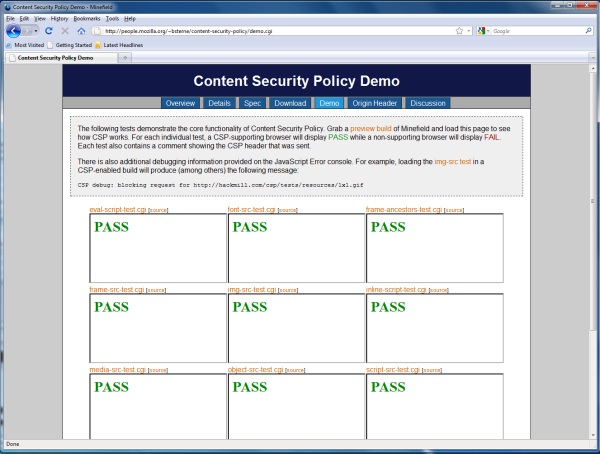 Mozilla Minefield 3.7 custom build with Content Security Policy attachment