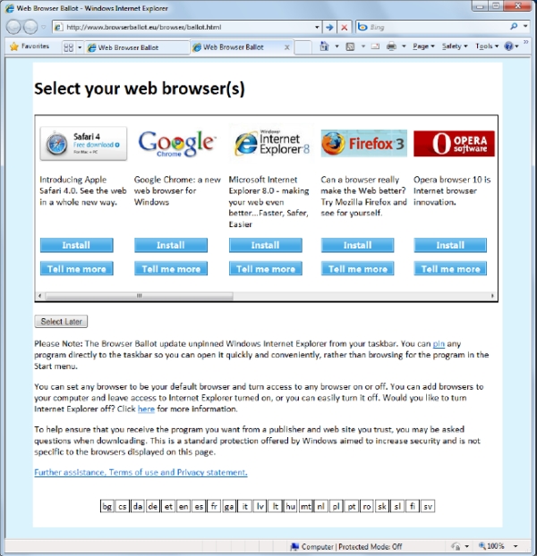 The revised version of Microsoft's Web browser ballot screen proposal to the European Commission, dated October 6, 2009.