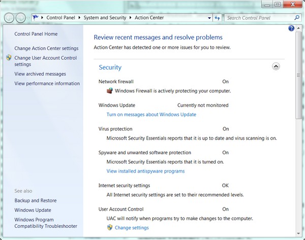 Action Center in Windows 7 shows security nags for Automatic Updates are (thankfully) turned off.