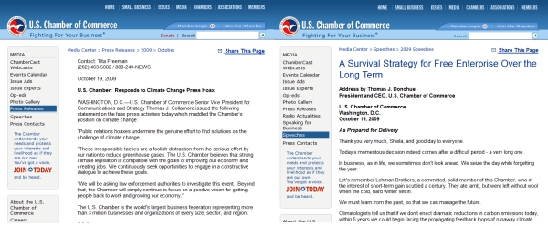 Two Web sites side-by-side:  [Left] The real US Chamber of Commerce; [Right] the Yes Men rip-off