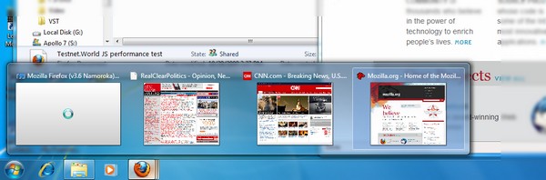 The improved Windows 7 taskbar integration in Mozilla Firefox 3.6 Beta 1.
