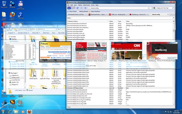 The updated Ctrl Tab feature brings up thumbnails of active tabs, all over the screen, in Mozilla Firefox 3.6 Beta 1.