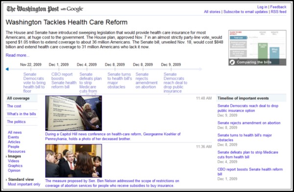 One of the topic pages in Google Living Stories, showing health care reform-related stories supplied by the Washington Post.