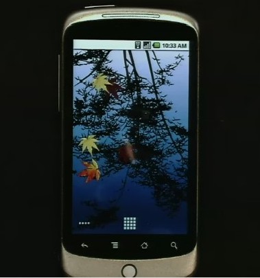 The new Google Nexus One shows 'Live Wallpaper,' with its own interactive water puddle.
