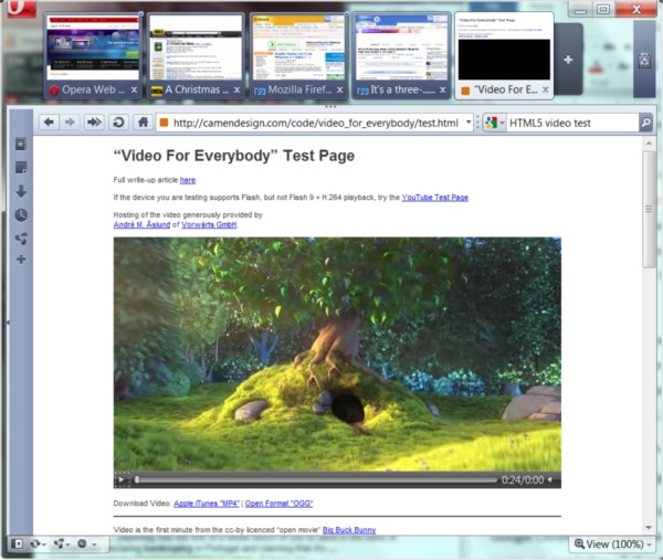 The tweaked, but still revised, front end of Opera 10.5 Beta 1, with the tab bar opened up to show thumbnails.