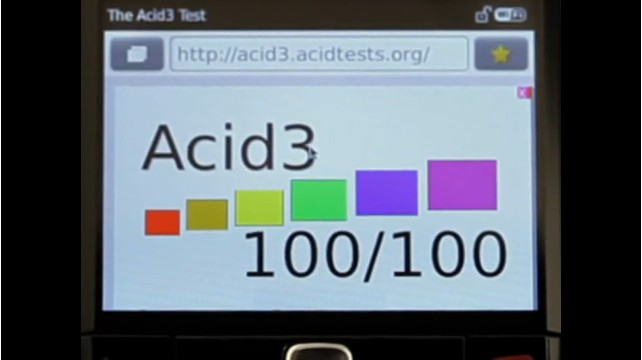 The first time the general public has ever seen a BlackBerry browser make any kind of score on the Acid3 test, let alone pass.