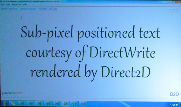 A demo from a Steven Sinofsky keynote to PDC 2009 in November showed vastly improved text rendering through Direc2D.