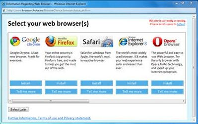 A screenshot of the first public beta of Microsoft's browser ballot for European Windows users.