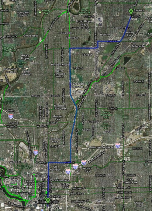 Google Maps for bicyclists reveals the smartest route a cyclists, not a pedestrian, would take to ride to downtown Indianapolis.
