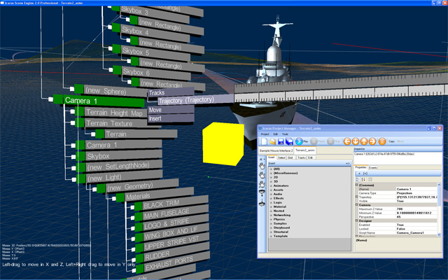 Screenshot of an early build of the Icarus Scene Engine, an OpenGL-based 3D scene editor that is itself rendered in 3D, using the OpenTK toolkit.