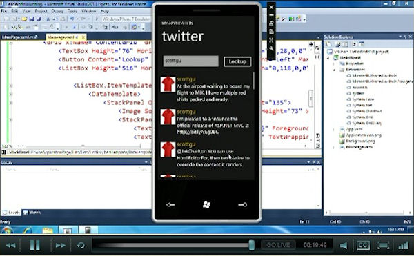 An instant Twitter client app written in about a half-hour's time using Visual Studio 2010 and the Windows Phone 7 Series VM, from MIX 10.