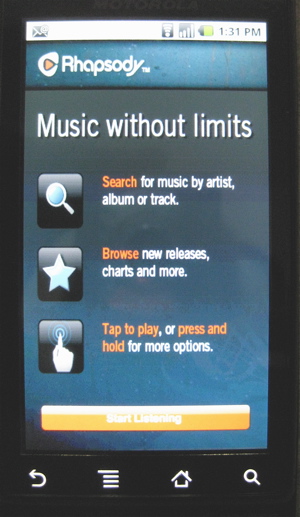 Rhapsody Android welcome screen