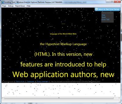 A live scaling text demo 'Star Wars' style for the second IE9 Platform Preview, which repositions text smoothly even as you're changing the window size.