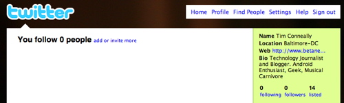 Tim's Twitter account with 0 followers and 0 following