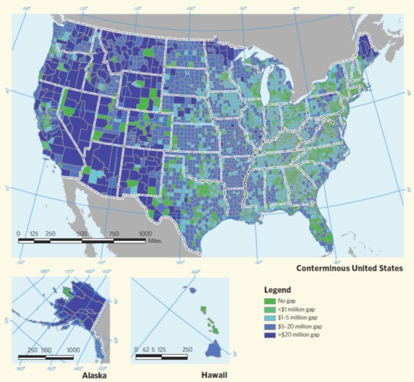 Broadband investment gap by county, as projected by the FCC Omnibus Broadband Initiative, May 11, 2010.