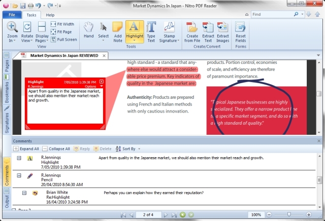 Multiple collaborators can comment on edits to a PDF document in Nitro PDF Reader.