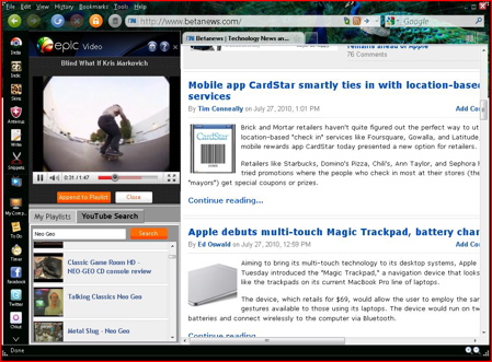 Epic Browser for Windows with YouTube sidebar