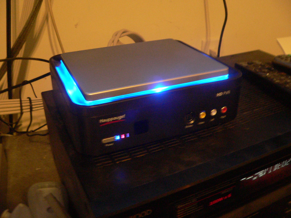 Hauppauge HD PVR shows its excitement by glowing as it records.