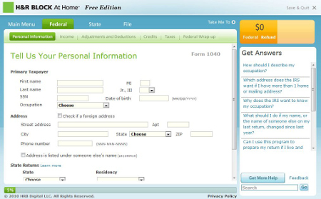H&R Block at Home Free Web App