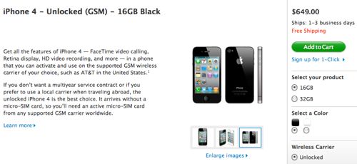 Unlocked iPhone 4, US Apple site